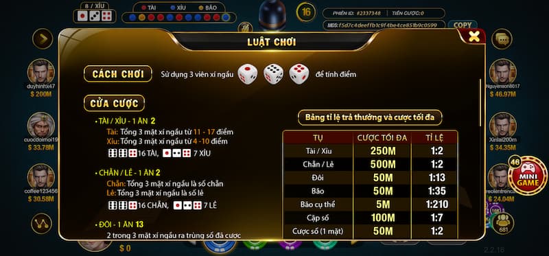 Sicbo Hit Club: Trải nghiệm game hot thử vận may cực đã 2 Các cửa cược trong Sicbo trực tuyến